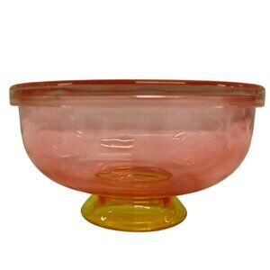 Pink Glass Bowl With Lid & Yellow Pedestal Base 5" Round Art Deco Vintage